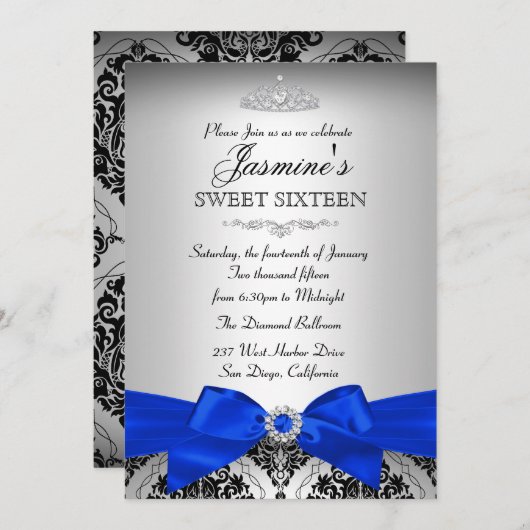 Argent & Royal Blue Damask Sweet 16 Invitation (Devant / Derrière)