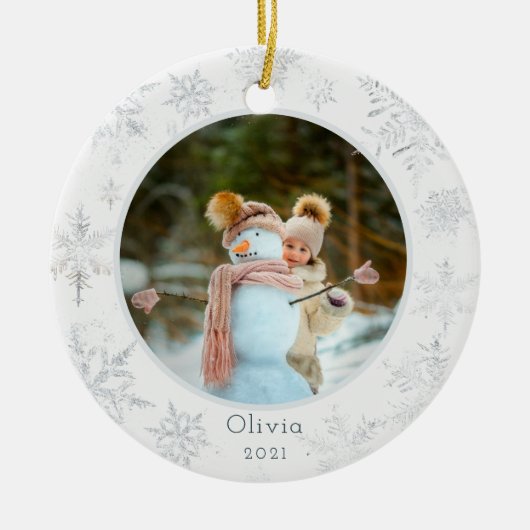 Argent Snowflake Photo Ornement en céramique (Devant)