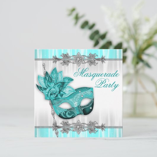 Argent Turquoise Bleu Masquerade Invitations (Debout devant)