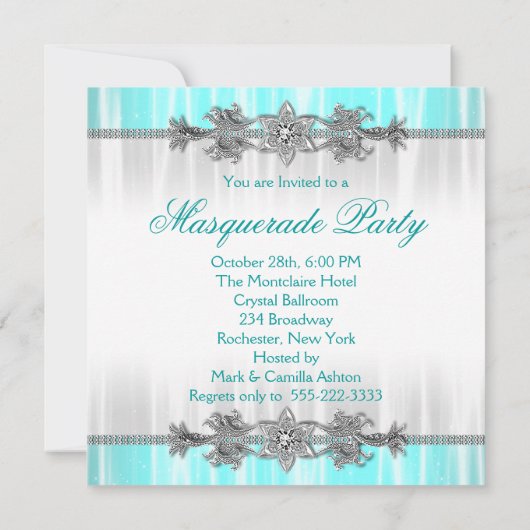Argent Turquoise Bleu Masquerade Invitations (Dos)