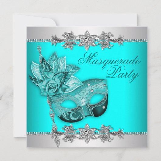 Argent Turquoise Bleu Masquerade Invitations (Devant)