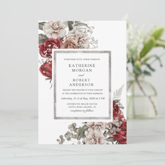 argenté bordeaux Faire-part de mariage à fleurs ru (Debout devant)