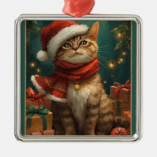 Argenté Ornement Métal Carré Chat de Noël