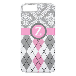 Argyle and damask pattern pink, grey monogram 	iPhone 8 plus / 7 plus hoesje