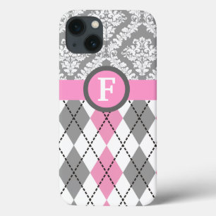 Argyle and damask pattern pink, grey monogram iPhone 13 hoesje