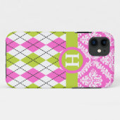 Argyle en damast patroon groen, roze monogram Case-Mate iPhone case (Achterkant (horizontaal))