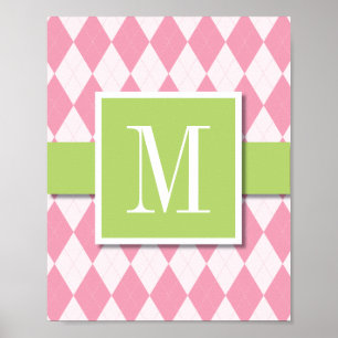 Argyle Monogram Wall Art, roze & Limoen Poster