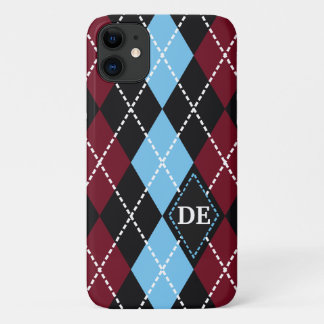 Argyle patroon zwart, bordeaux blauw monogram iPhone 11 hoesje