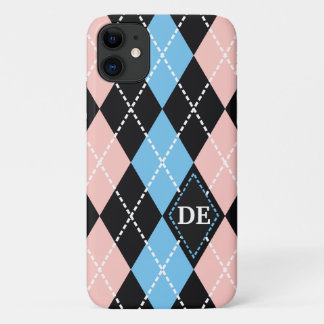 Argyle patroon zwart, grijs en roze monogram iPhone 11 hoesje