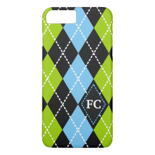 Argyle patroon zwart, groen, blauw monogram 	iPhone 8 plus / 7 plus hoesje
