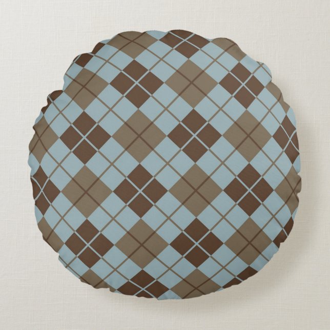 Argyle Pattern in Blue and Taupe Rond Kussen (Voorkant)