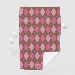 Argyle Pink en Brown met Jouw naam of Initiaal Golfhanddoek