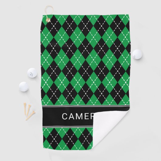 Argyle Plaid Create Custom Name  Black Green Golfhanddoek (Insitu)