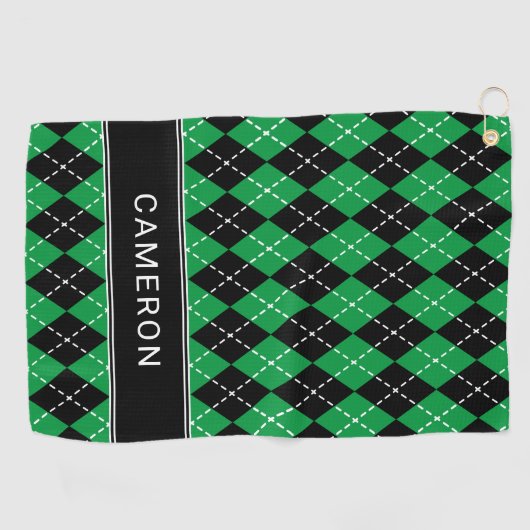 Argyle Plaid Create Custom Name Black Green Golfhanddoek (Horizontaal)
