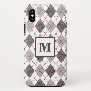 Argyle Plaid Rood Grijs Zilver Aangepast Monogram iPhone X Hoesje