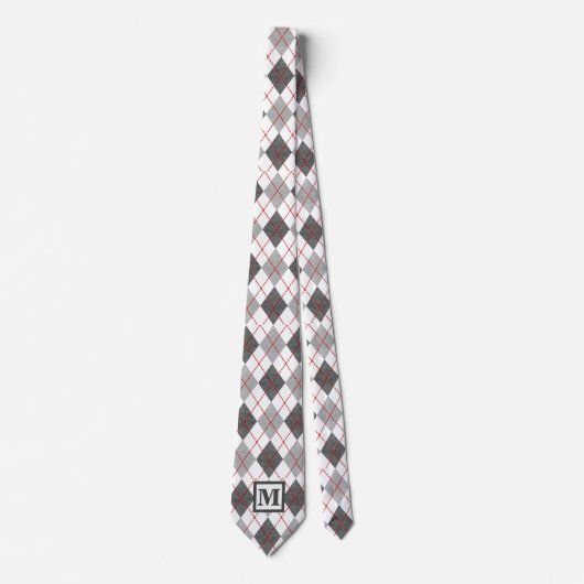 Argyle Plaid Rood Grijs Zilver Aangepast Monogram Stropdas (Voorkant)
