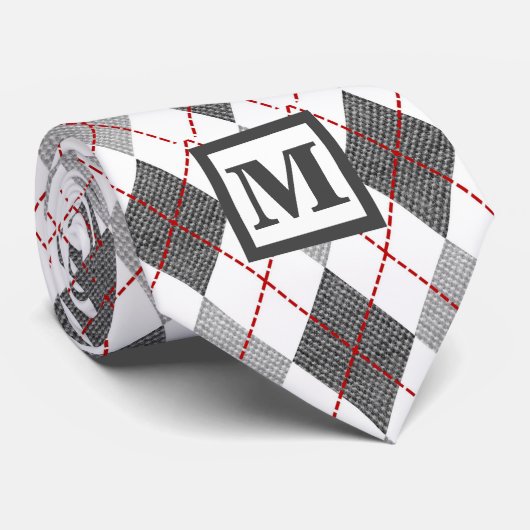 Argyle Plaid Rood Grijs Zilver Aangepast Monogram Stropdas (Opgerold)