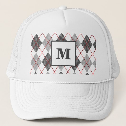 Argyle Plaid Rood Grijs Zilver Golf Custom Monogra Trucker Pet (Voorkant)
