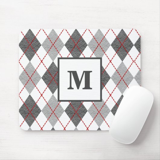 Argyle Plaid Rood Grijs Zilver Monogram Muismat (Met muis)