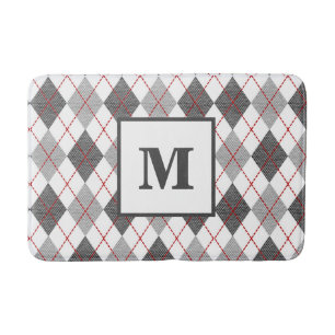 Argyle Schotse Ruit Rood Grijs Zilver Monogram Badmat