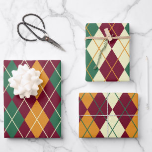 Argyle Yellow Oranje Green Merry-kerstcadeau Inpakpapier Vel