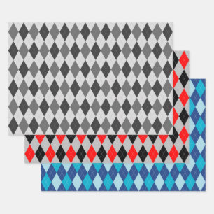 Argylepatroon Grijs Rood en Blauw Inpakpapier Vel