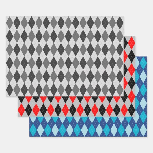 Argylepatroon Grijs Rood en Blauw Inpakpapier Vel (Set)