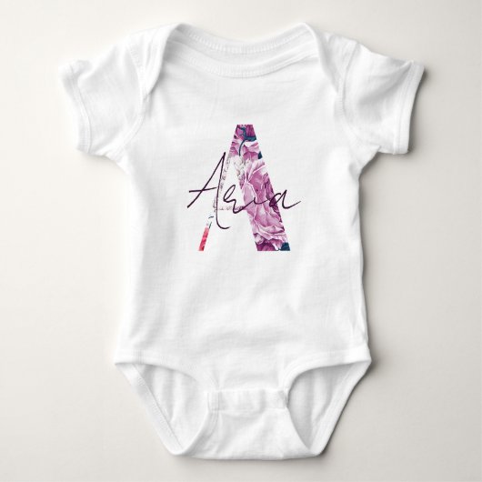 Aria Baby Naam Bloemschrift  Roze Bloem Romper (Voorkant)