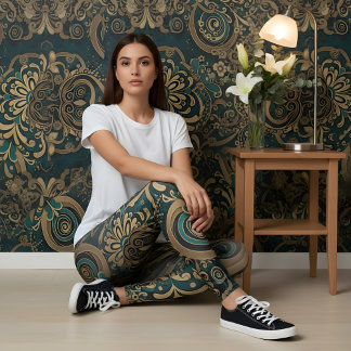 Aria Grace Blauwgroen Chrysanthemum Paisley Herita Leggings