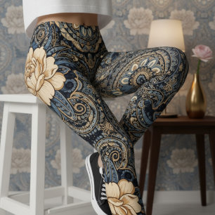 Aria Grace Midnight Blue Pioenroos Paisley Erfgoed Leggings