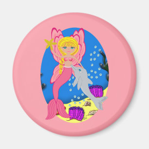 Ariel the Pink Merfaery and Dolphin Round Magnet Magneet