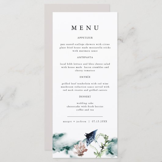 ARIEL Tropical Ocean Coral Manta Ray Beach Menu (Devant / Derrière)