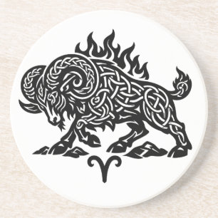 Aries Fire‑Ram – Keltische gehaaste inktzodiak Zandsteen Onderzetter