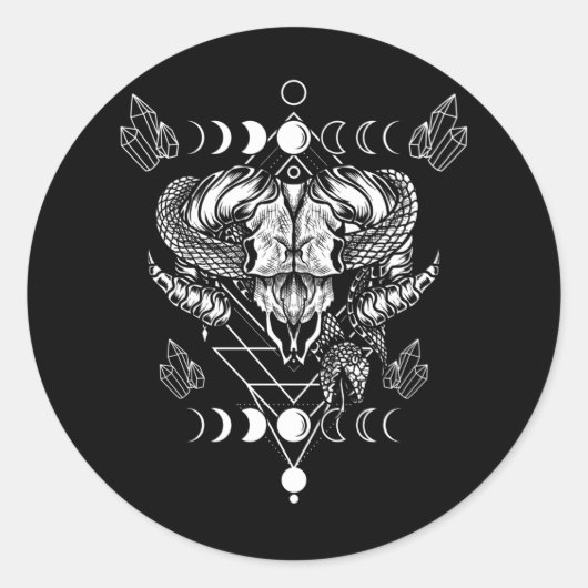 Aries Skull Wicca Occult Crescent Moon Witchcraft Ronde Sticker (Voorkant)