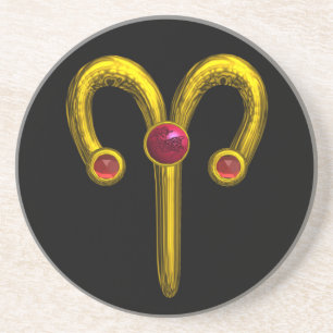 ARIES ZODIAC BIRTHDAY JEWEL RED RUBY, Gold, Black Zandsteen Onderzetter