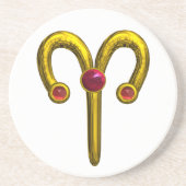 ARIES ZODIAC BIRTHDAY JEWEL RED RUBY, Gold, white Zandsteen Onderzetter (Voorkant)