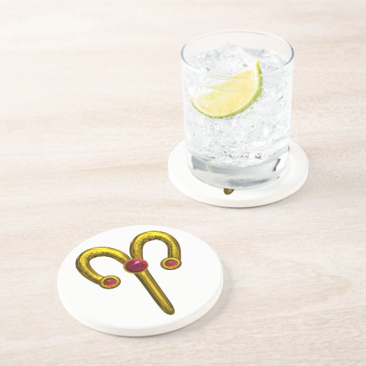 ARIES ZODIAC BIRTHDAY JEWEL RED RUBY, Gold, white Zandsteen Onderzetter (Zijkant)