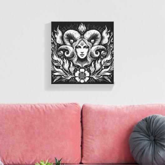 Aries Zodiac Goddess with Ram Horns – Mystical  Canvas Afdruk (Insitu (Woonkamer))