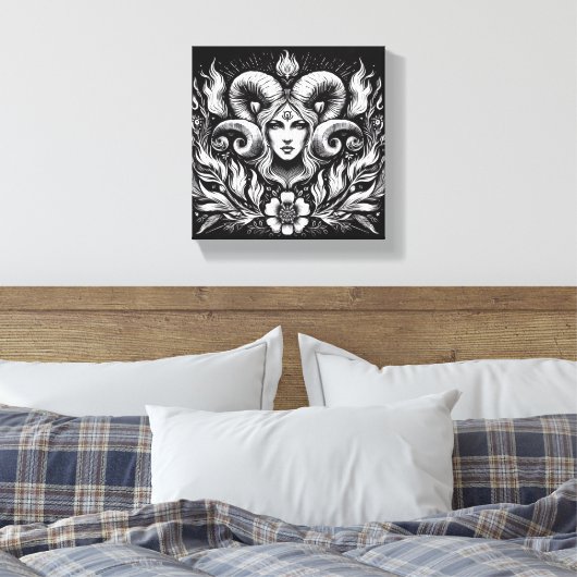 Aries Zodiac Goddess with Ram Horns – Mystical  Canvas Afdruk (Insitu (Slaapkamer))