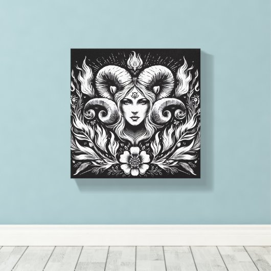 Aries Zodiac Goddess with Ram Horns – Mystical  Canvas Afdruk (Insitu (Houten vloer))