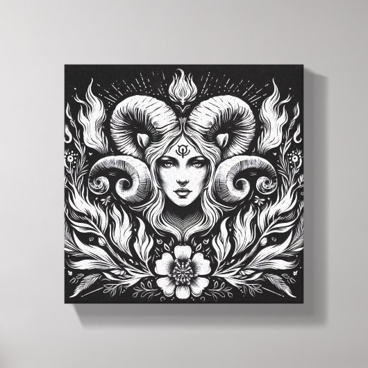 Aries Zodiac Goddess with Ram Horns – Mystical  Canvas Afdruk (Voorkant)