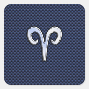 Aries Zodiac Sign on Navy Blue Carbon Fiber Print Vierkante Sticker