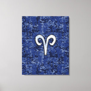 Aries Zodiac Sign on Navy Blue Digital Camo Canvas Afdruk