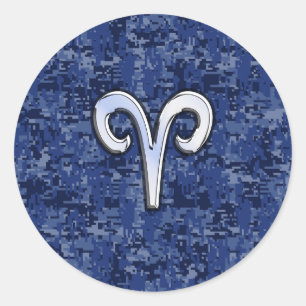 Aries Zodiac Sign on Navy Blue Digital Camo Ronde Sticker