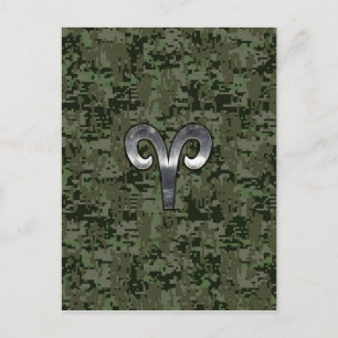Aries Zodiac Sign on Woodland Green Digital Camo Briefkaart