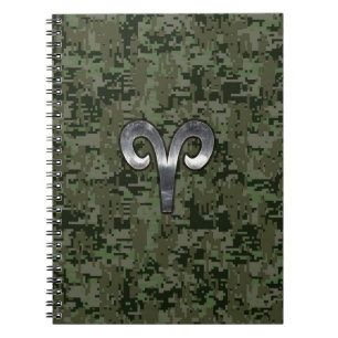 Aries Zodiac Sign on Woodland Green Digital Camo Notitieboek