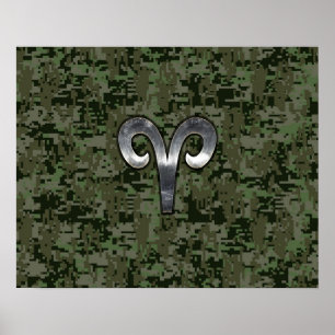 Aries Zodiac Sign on Woodland Green Digital Camo Poster