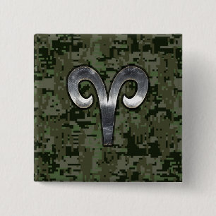 Aries Zodiac Symbol Woodland Digital Camouflage Vierkante Button 5,1 Cm