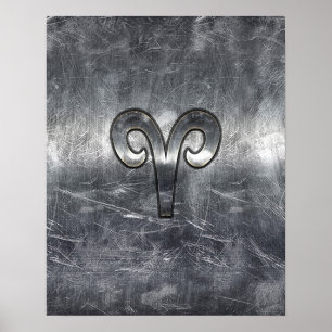 Aries Zodiac-symbool in Silver Steel Style Poster