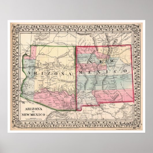 Arizona New Mexico Map 1867 Poster (Voorkant)